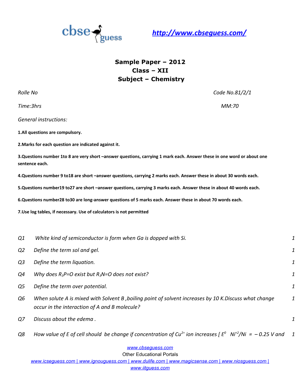 Sample Paper 2012 Class XII Subject Chemistry