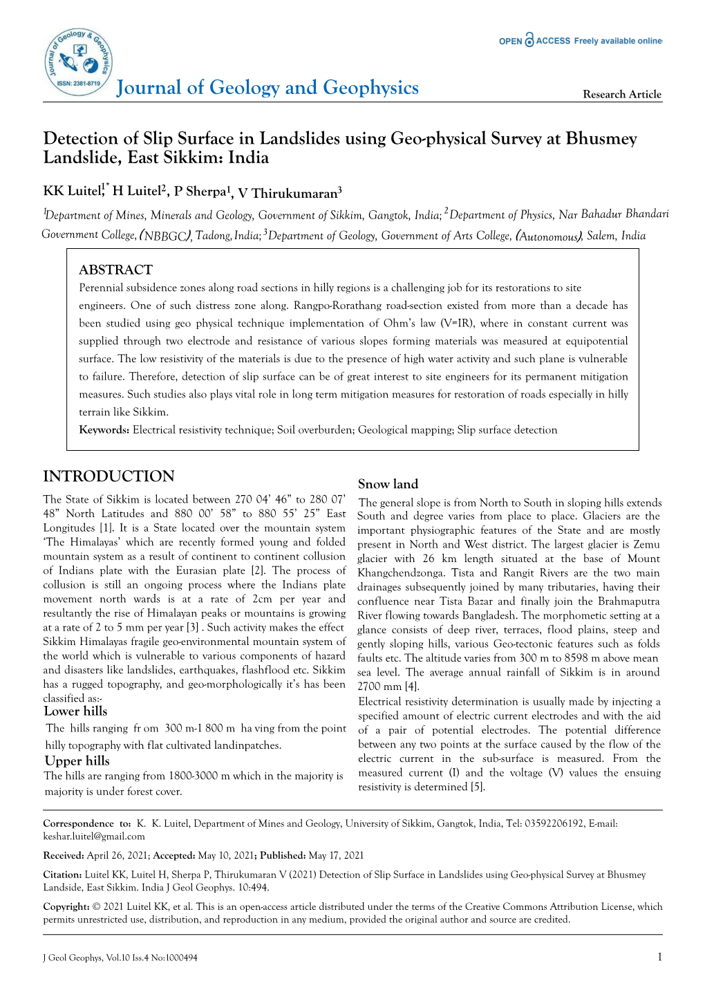 Detection of Slip Surface in Landslides Using Geo-Physical Survey at Bhusmey Landslide, East Sikkim: India