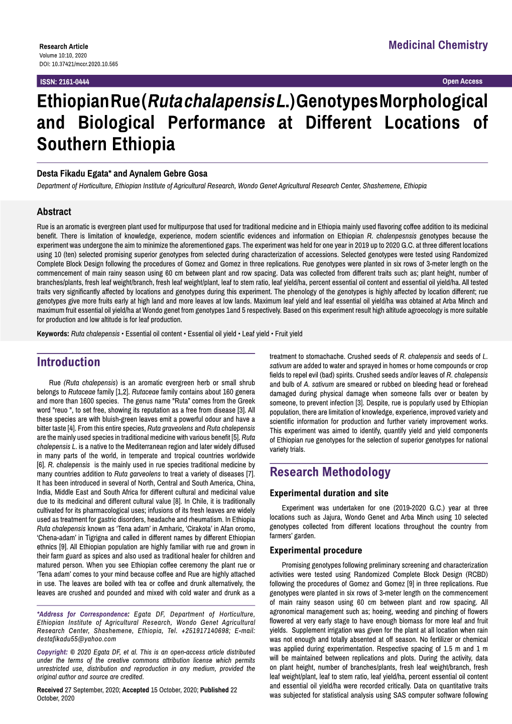 Ethiopian Rue (Ruta Chalapensis L.) Genotypes Morphological and Biological Performance at Different Locations of Southern Ethiopia