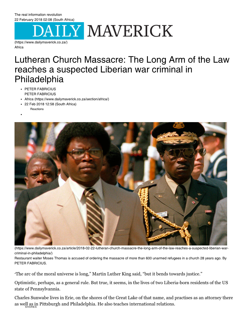 Lutheran Church Massacre: the Long Arm of the Law Reaches a Suspected Liberian War Criminal in Philadelphia