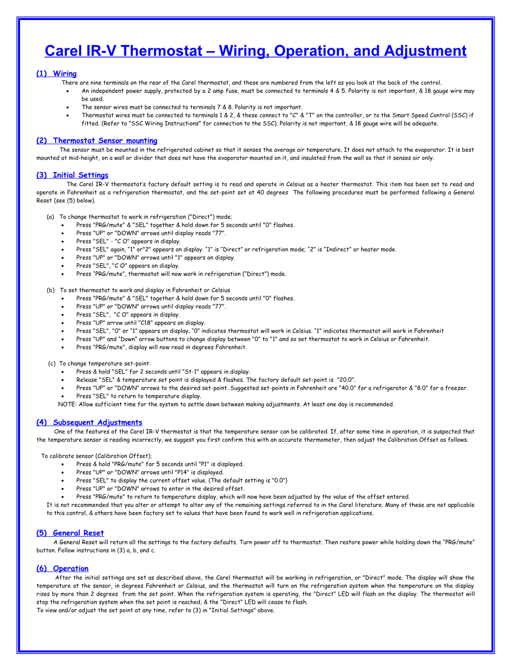 Carel Thermostat - Quick-Start Guide