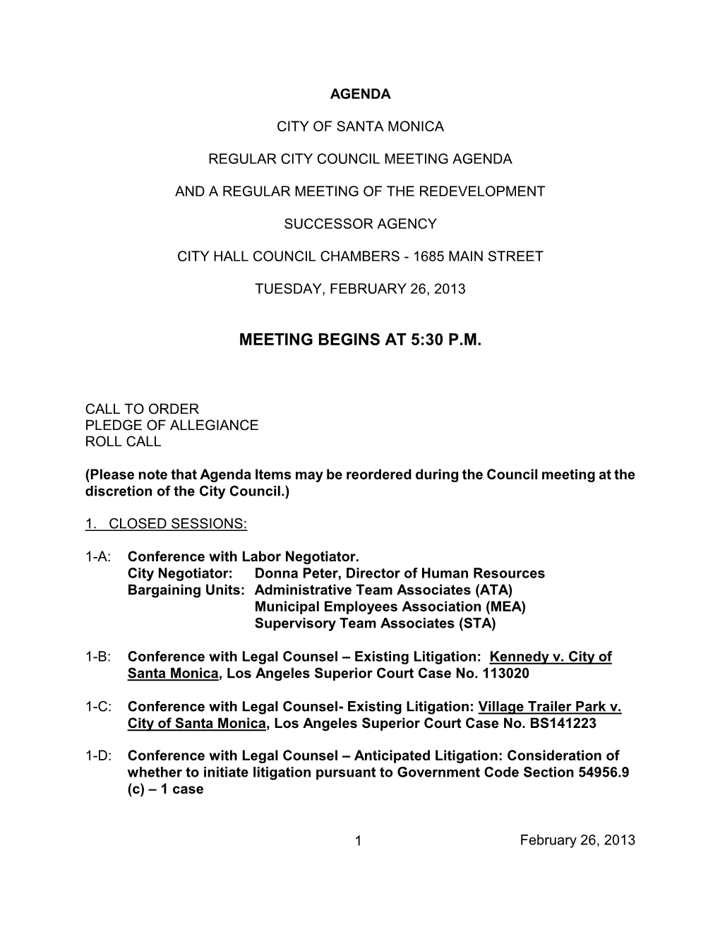 February 26, 2013 Council Agenda