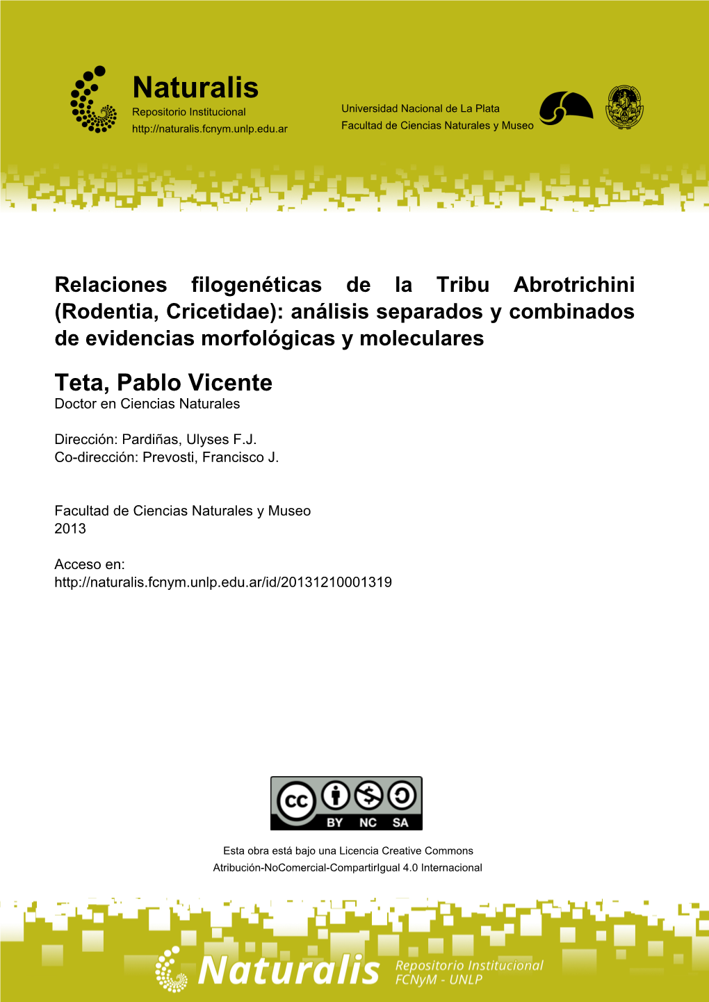 Rodentia, Cricetidae): Análisis Separados Y Combinados De Evidencias Morfológicas Y Moleculares Teta, Pablo Vicente Doctor En Ciencias Naturales