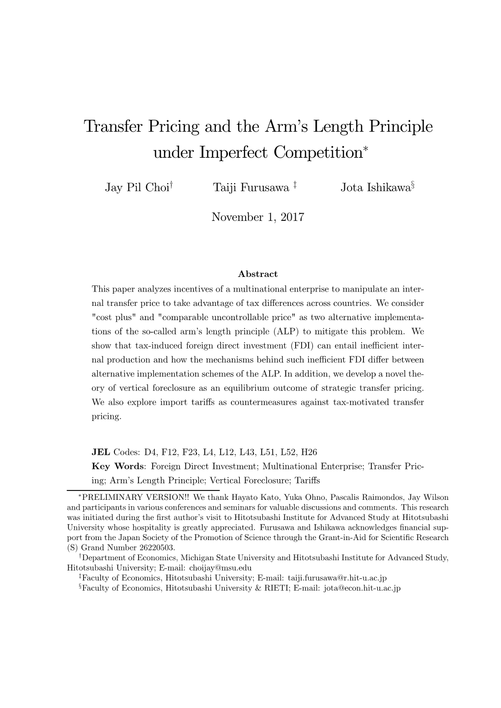 Transfer Pricing and the Arm's Length Principle Under Imperfect Competition