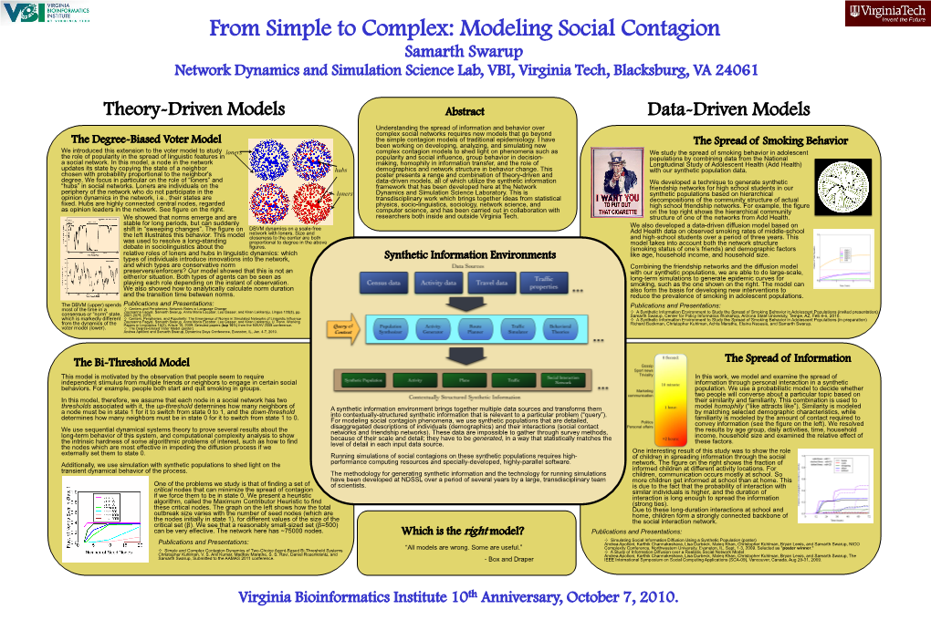 Modeling Social Contagion Samarth Swarup Network Dynamics and Simulation Science Lab, VBI, Virginia Tech, Blacksburg, VA 24061