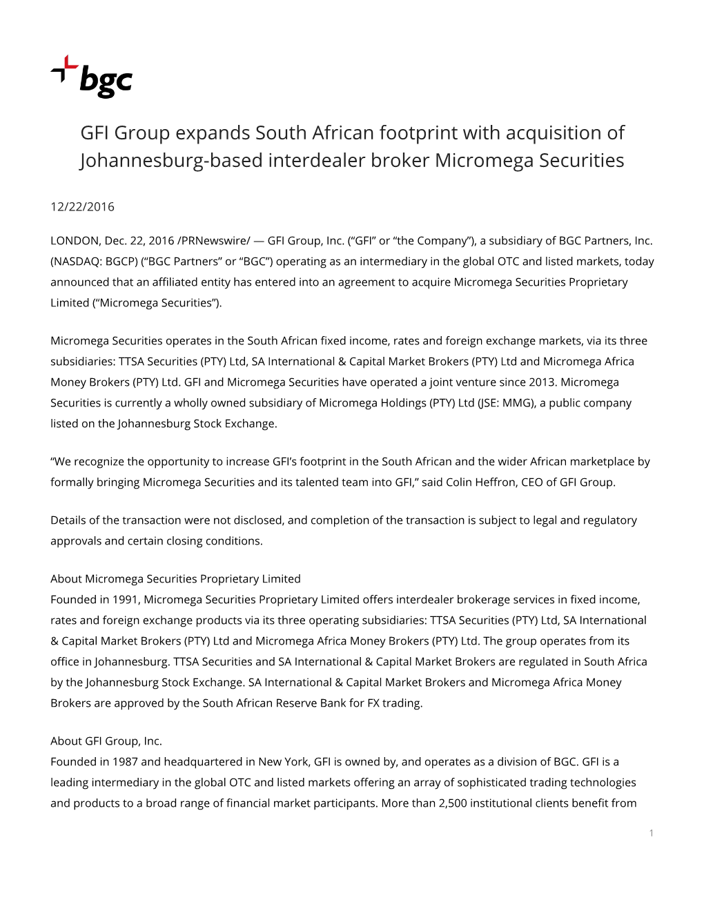 GFI Group Expands South African Footprint with Acquisition of Johannesburg-Based Interdealer Broker Micromega Securities