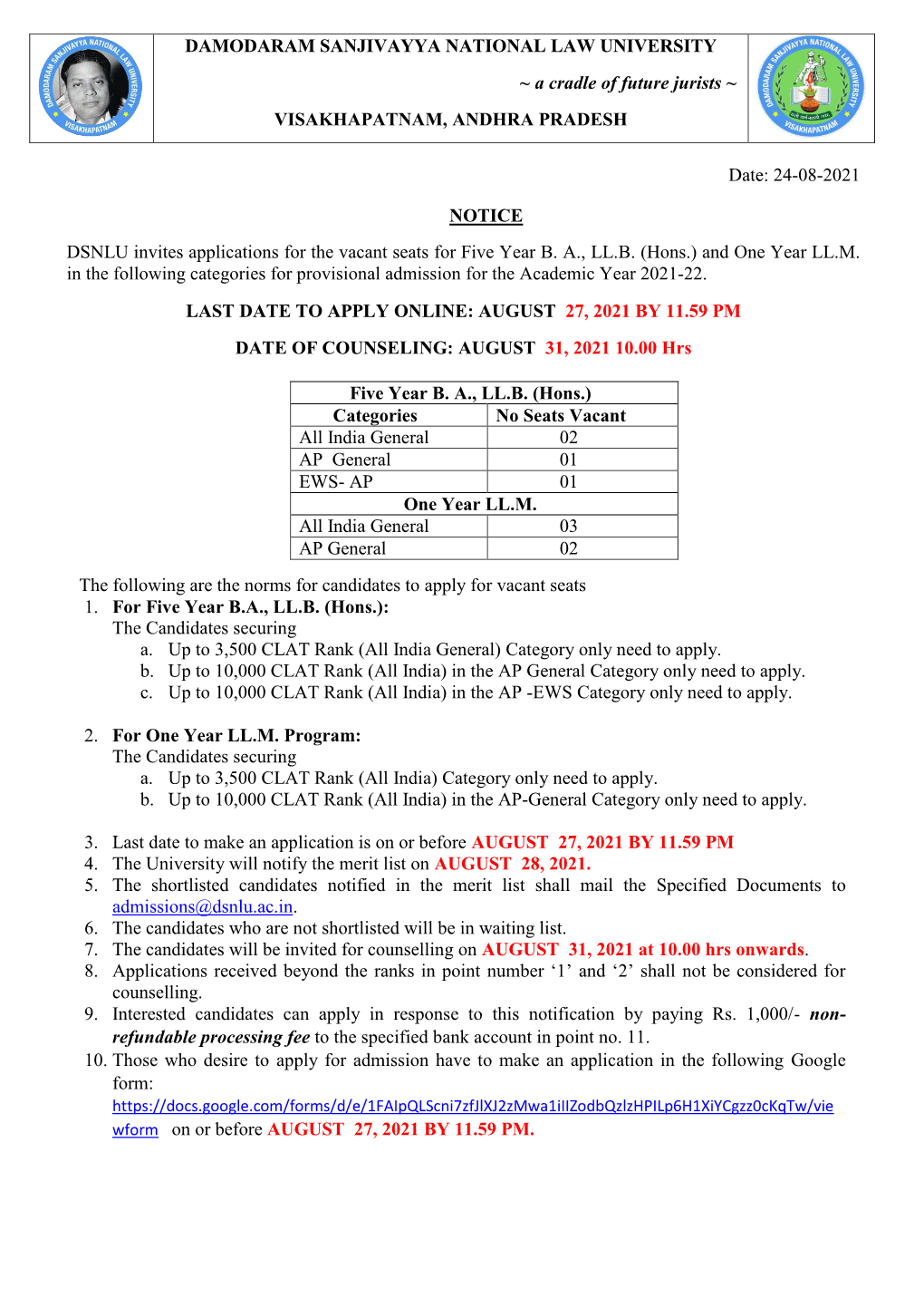 DSNLU Vacant Seats Notification-2021