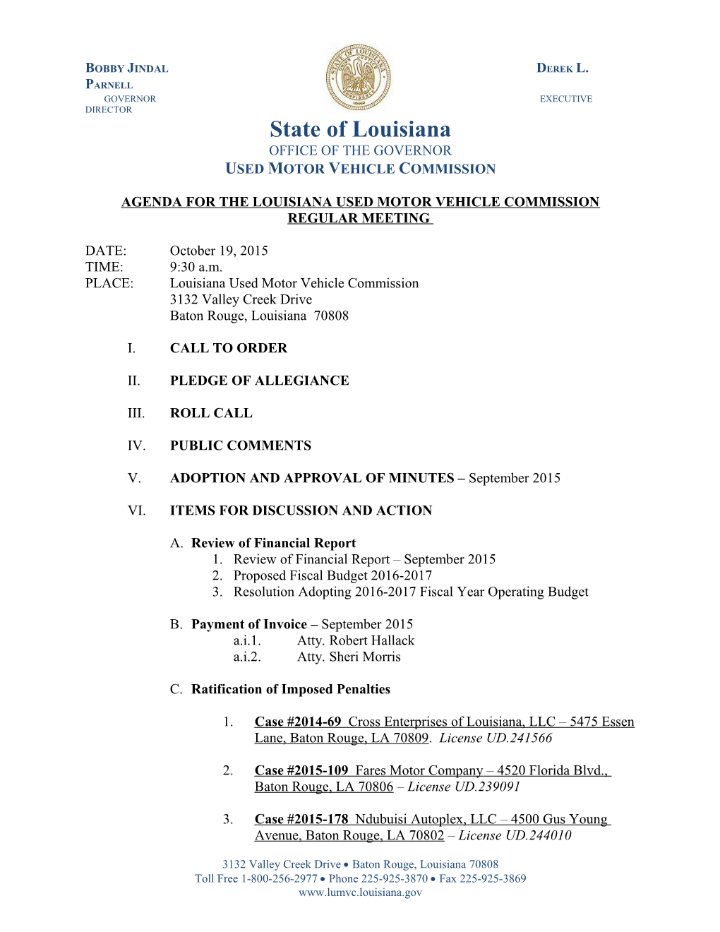 Agenda for the Louisiana Used Motor Vehicle Commission