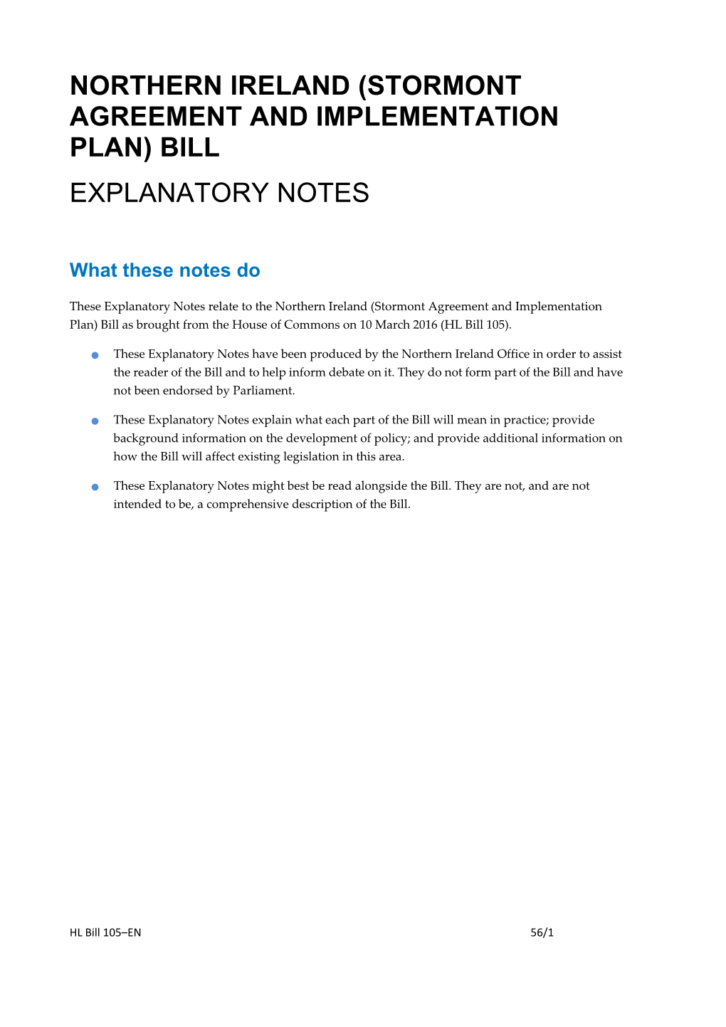 Northern Ireland (Stormont Agreement and Implementation Plan) Bill Explanatory Notes