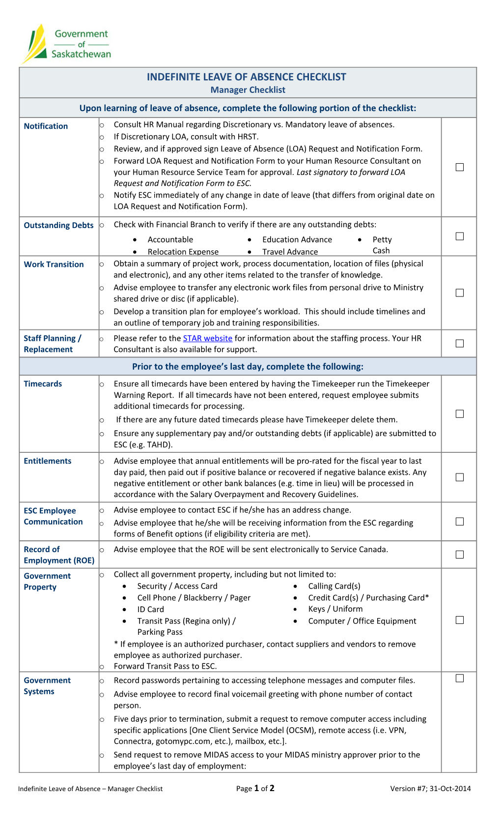 Manager Checklist - Indefinite LOA Checklist