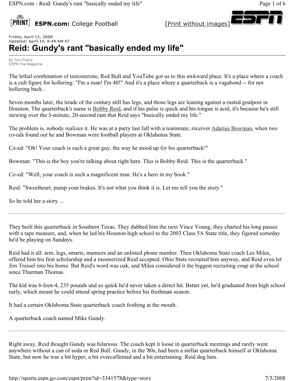 Gundy's Rant "Basically Ended My Life" Page 1 of 6