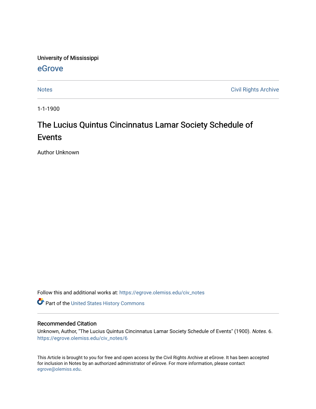 The Lucius Quintus Cincinnatus Lamar Society Schedule of Events