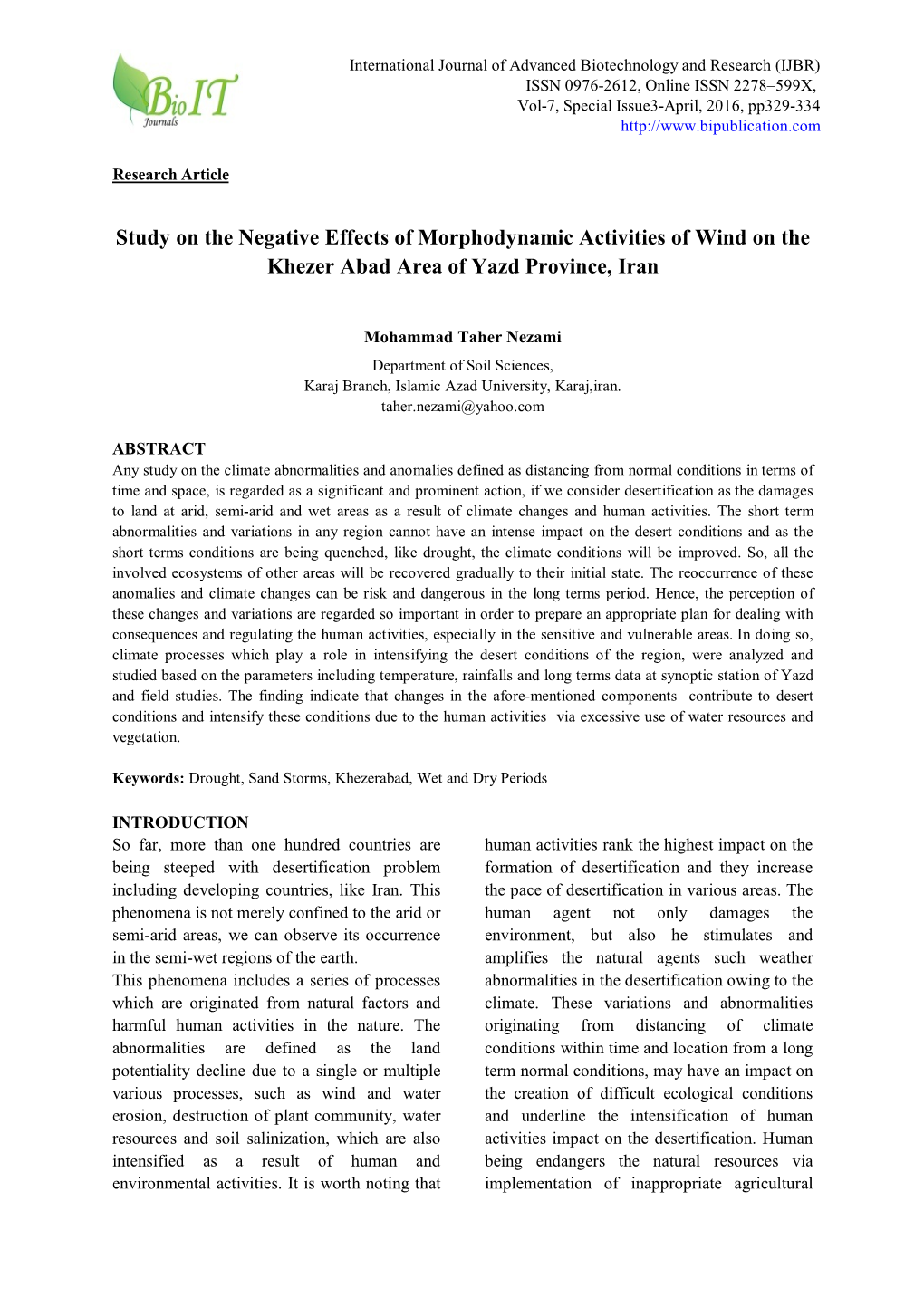 Study on the Negative Effects of Morphodynamic Activities of Wind on the Khezer Abad Area of Yazd Province, Iran