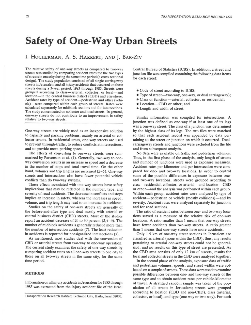 Safety of One-Way Urban Streets