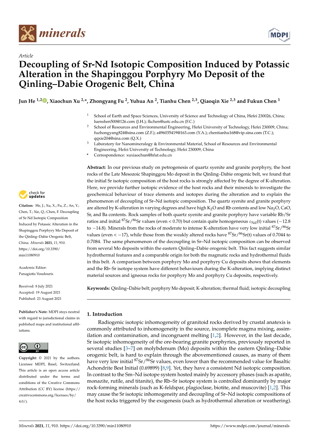 Decoupling of Sr-Nd Isotopic Composition Induced by Potassic Alteration in the Shapinggou Porphyry Mo Deposit of the Qinling–Dabie Orogenic Belt, China