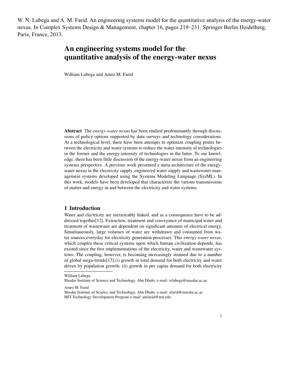 An Engineering Systems Model for the Quantitative Analysis of the Energy-Water Nexus