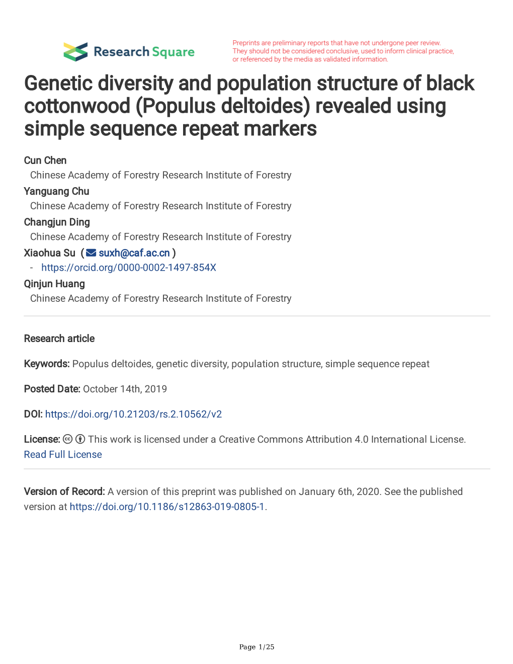 Populus Deltoides) Revealed Using Simple Sequence Repeat Markers