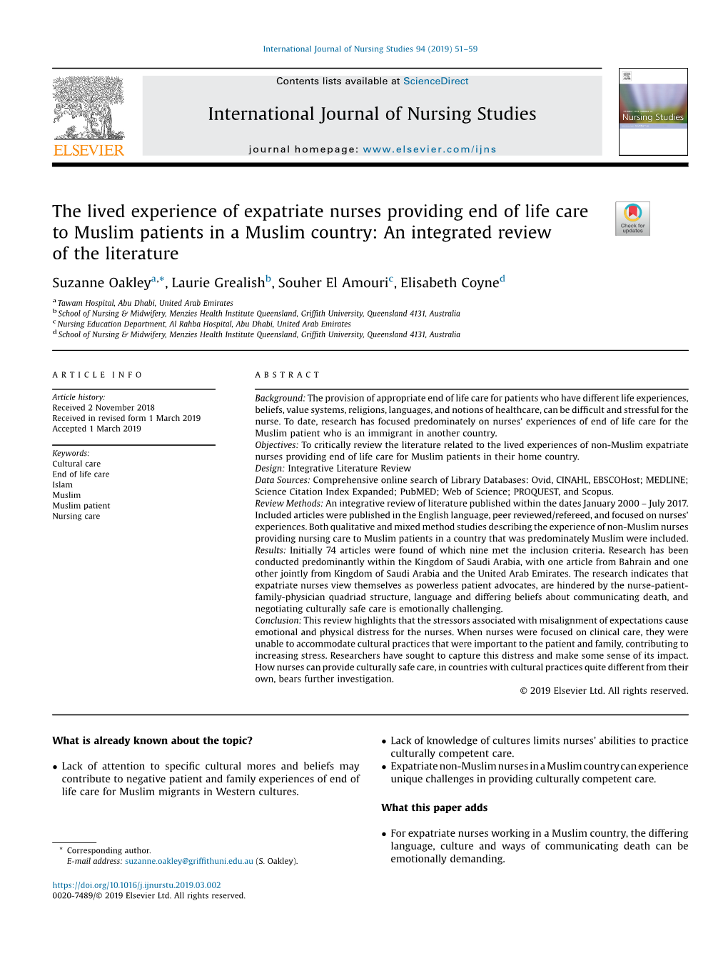 The Lived Experience of Expatriate Nurses Providing End of Life Care to Muslim Patients in a Muslim Country: an Integrated Revie