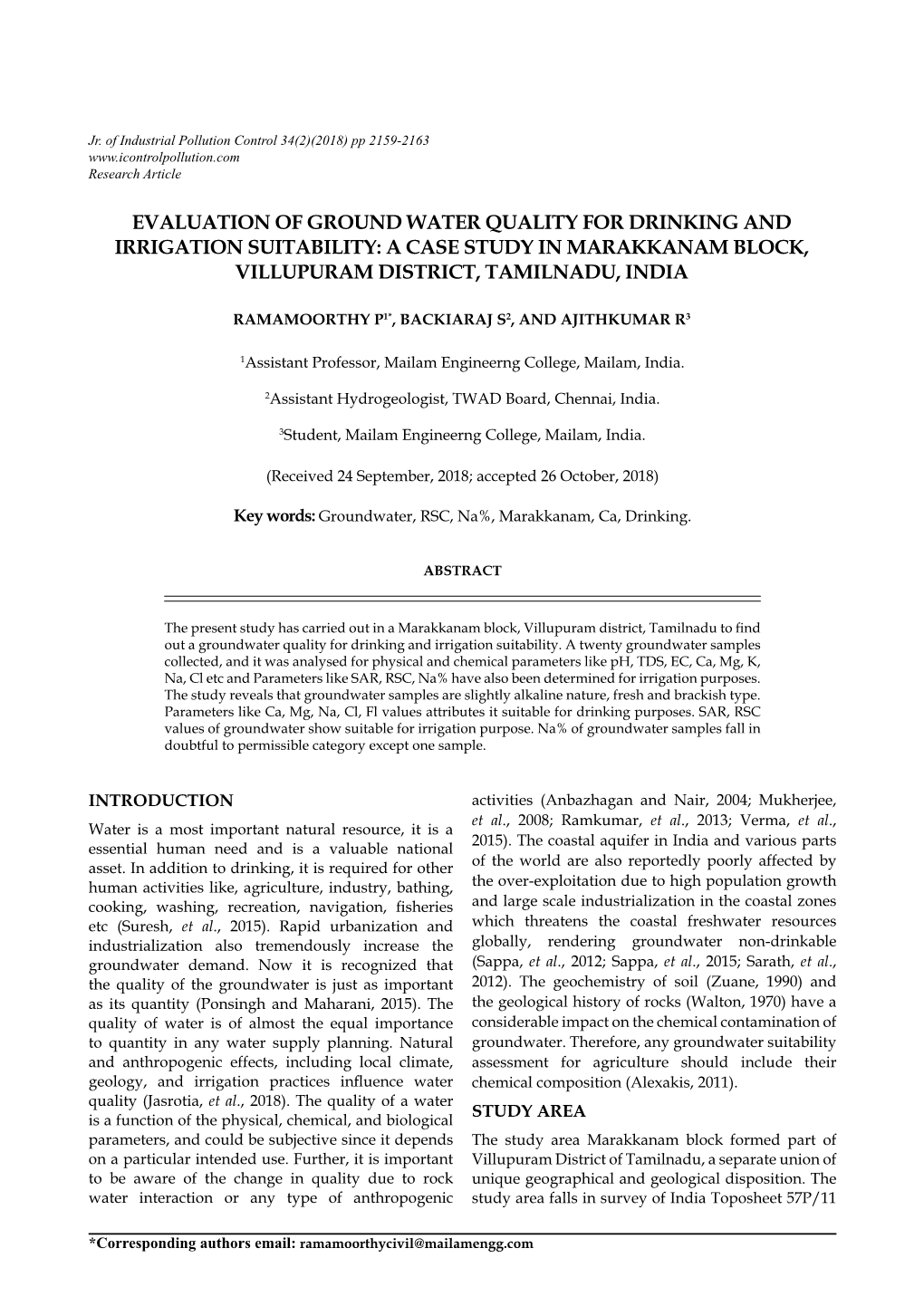 Evaluation of Ground Water Quality for Drinking and Irrigation Suitability: a Case Study in Marakkanam Block, Villupuram District, Tamilnadu, India