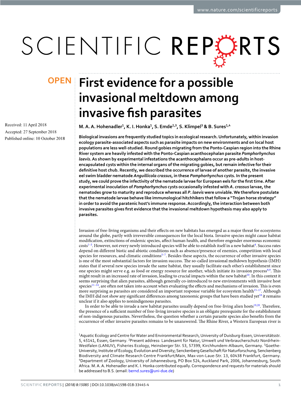 First Evidence for a Possible Invasional Meltdown Among Invasive Fsh Parasites Received: 11 April 2018 M