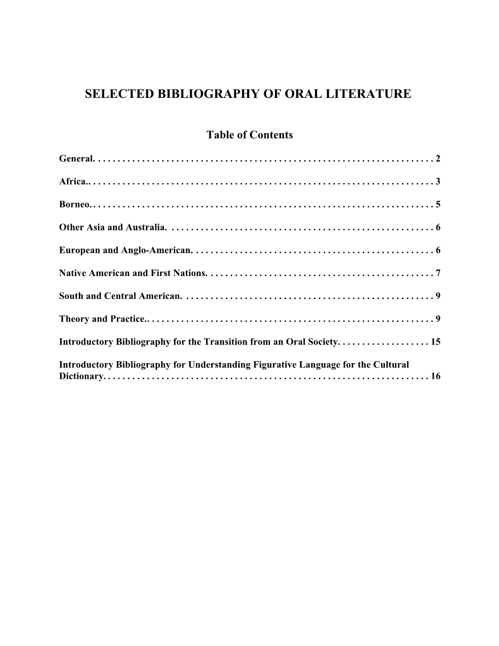 Selected Bibliography of Oral Literature