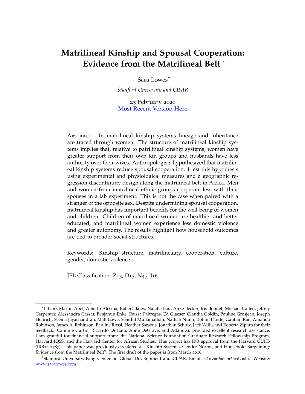 Matrilineal Kinship and Spousal Cooperation: Evidence from the Matrilineal Belt *