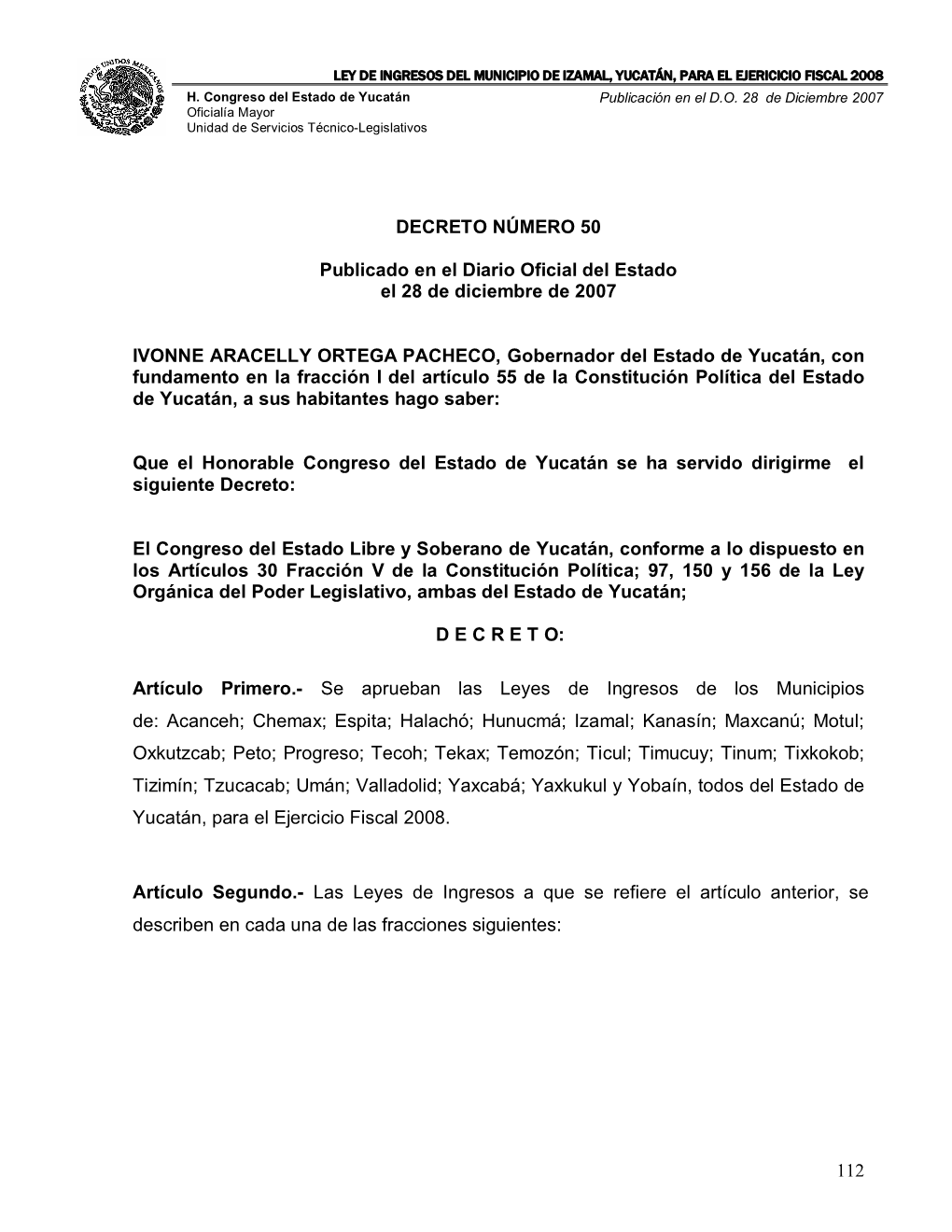 Ley De Ingresos Del Municipio De Izamal, Yucatán, Para El Ejericicio Fiscal 2008 H