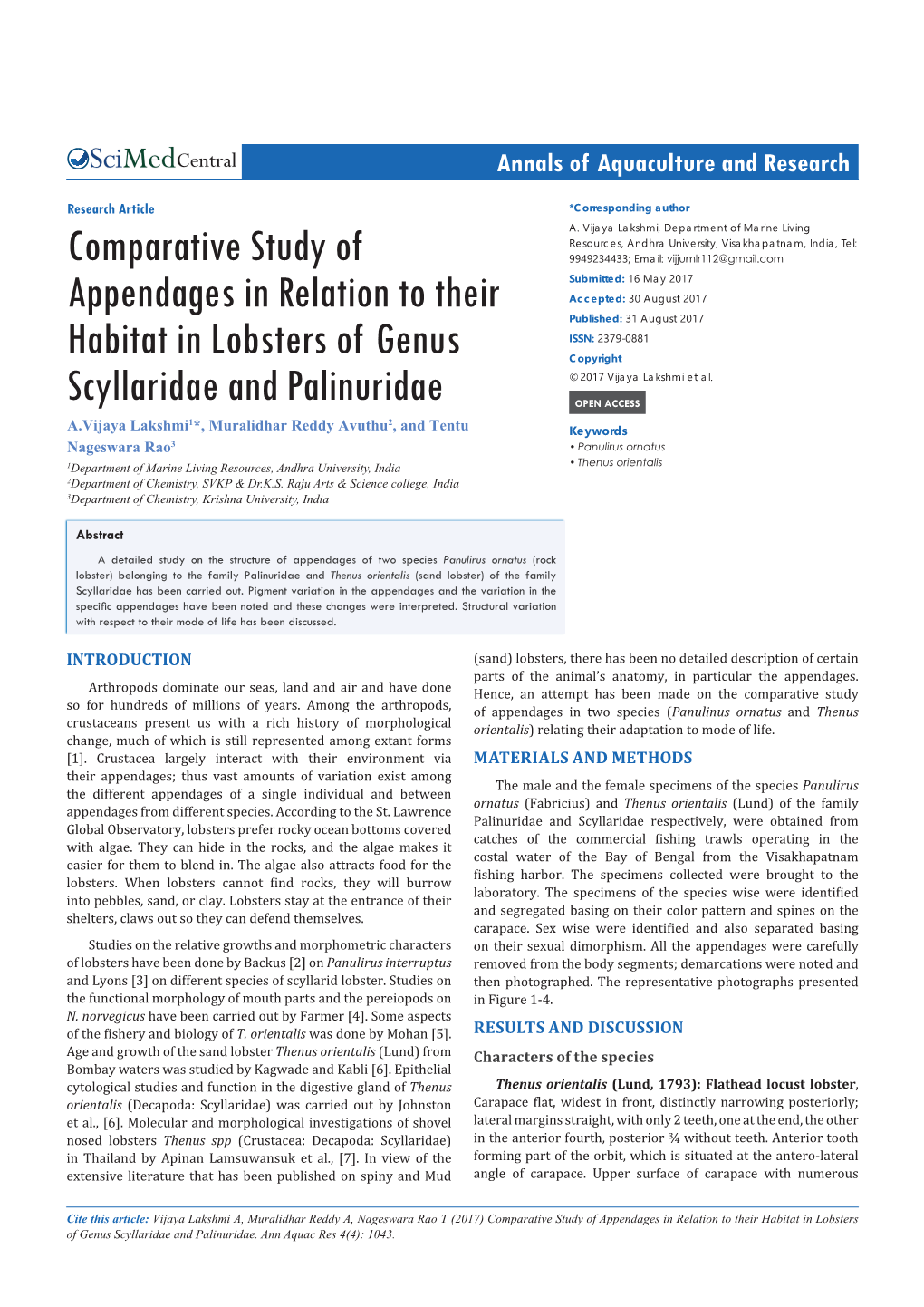 Comparative Study of Appendages in Relation to Their Habitat in Lobsters of Genus Scyllaridae and Palinuridae