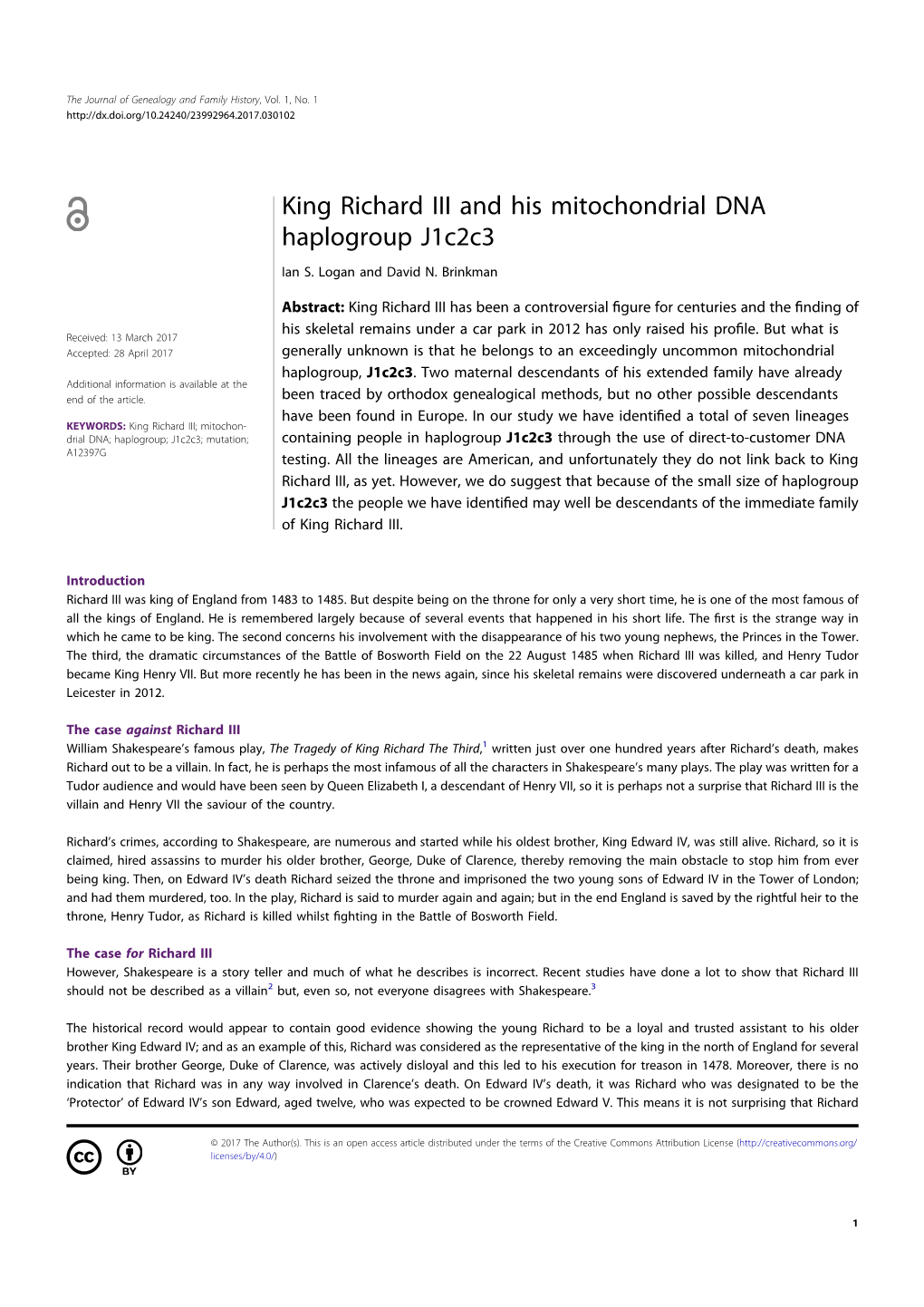 King Richard III and His Mitochondrial DNA Haplogroup J1c2c3
