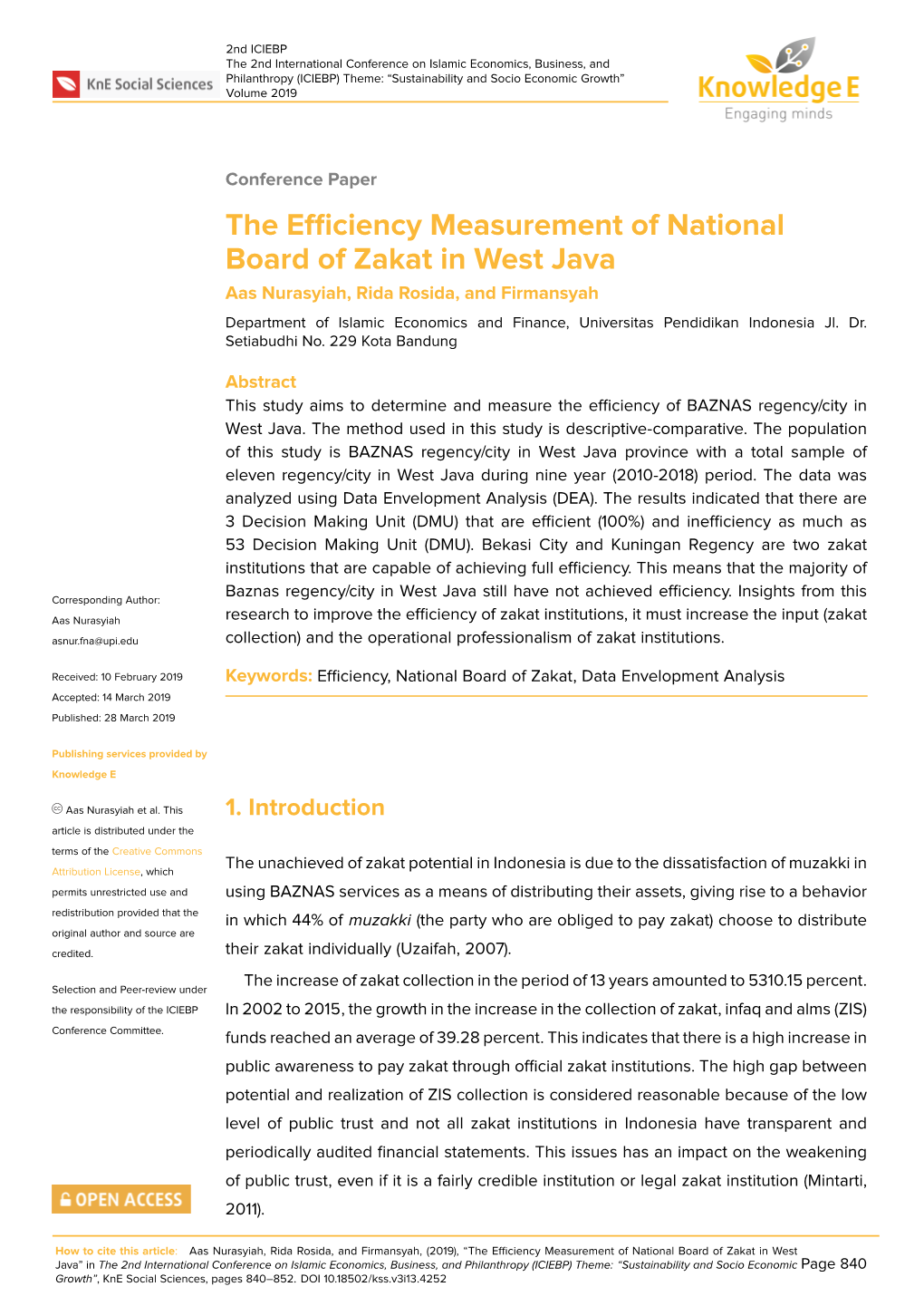 The Efficiency Measurement of National Board of Zakat in West Java