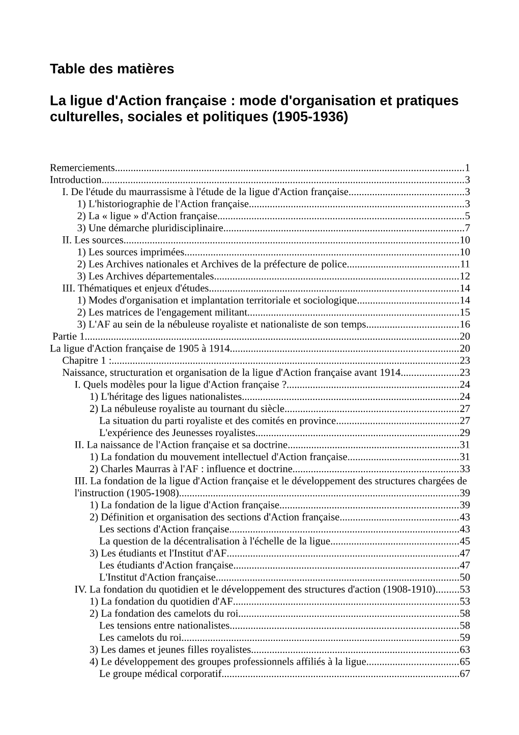 Table Des Matières La Ligue D'action Française