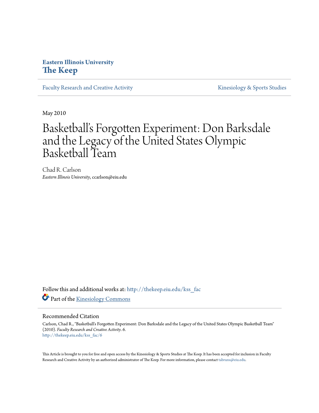 Don Barksdale and the Legacy of the United States Olympic Basketball Team Chad R