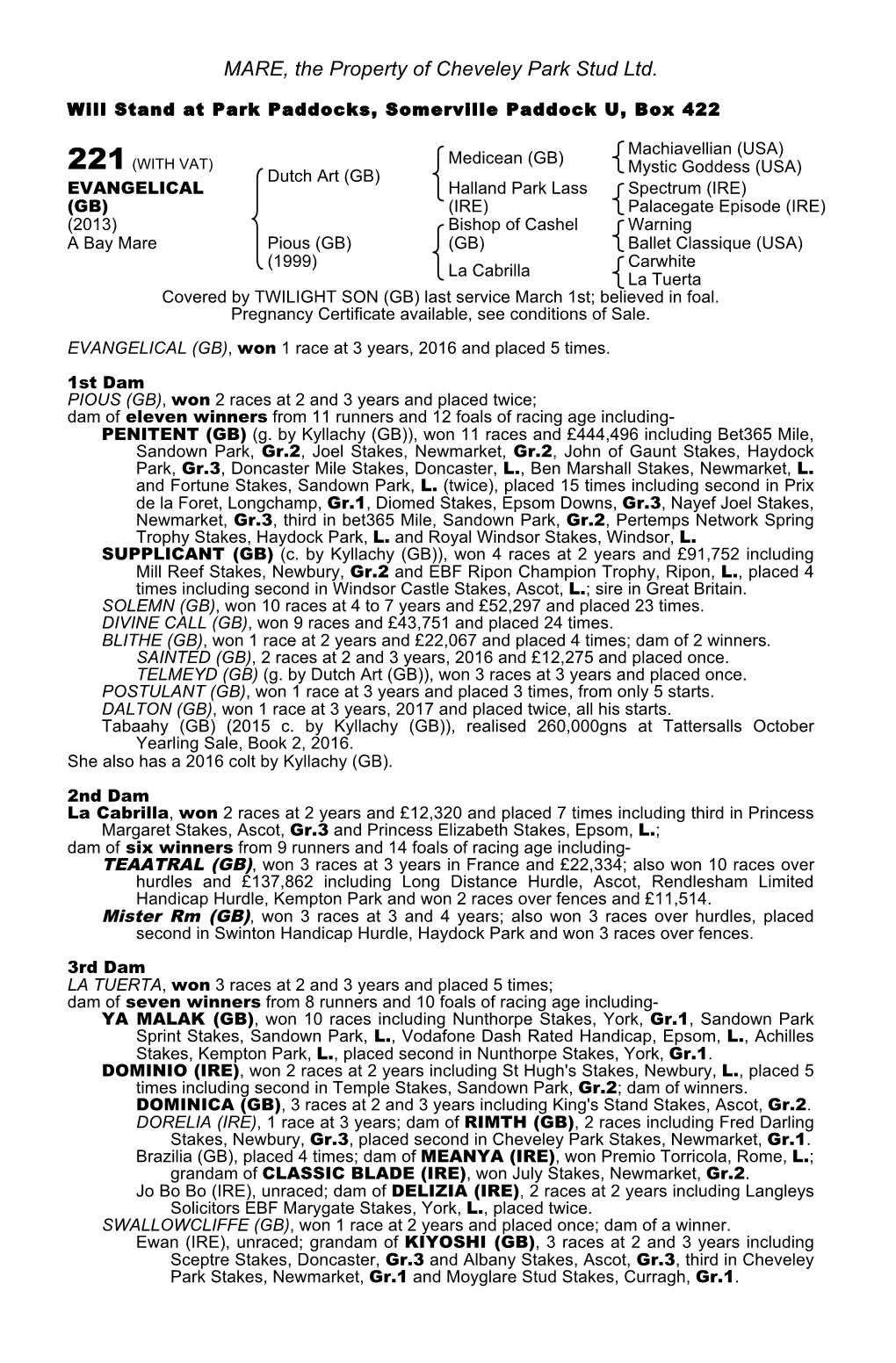 MARE, the Property of Cheveley Park Stud Ltd