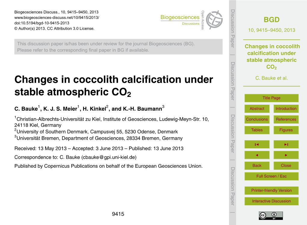 Changes in Coccolith Calcification Under Stable Atmospheric
