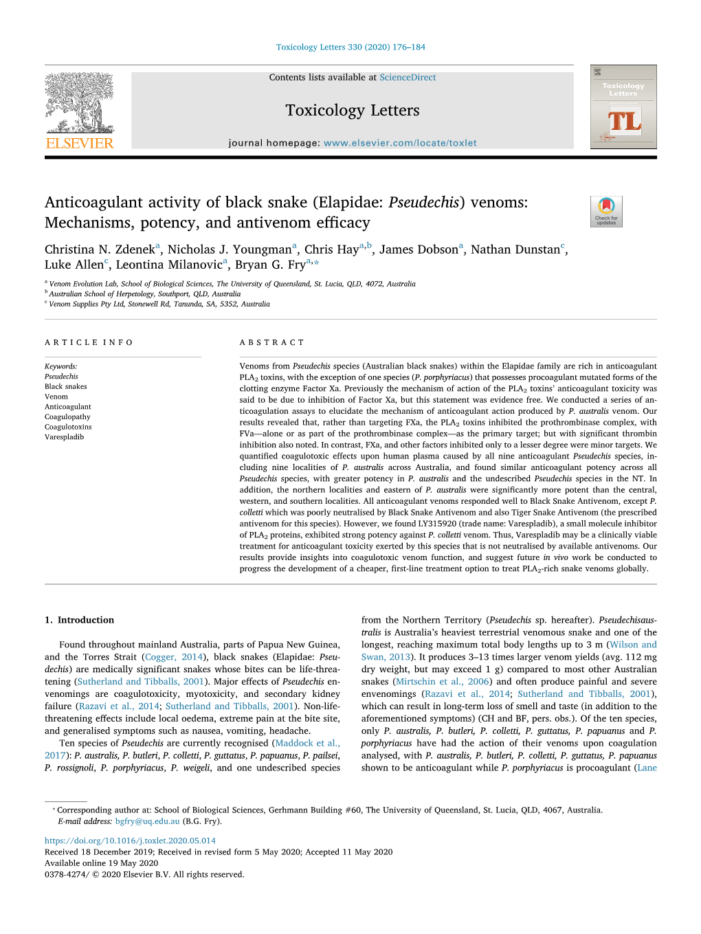 Anticoagulant Activity of Black Snake (Elapidae: Pseudechis) Venoms: Mechanisms, Potency, and Antivenom Eﬃcacy T