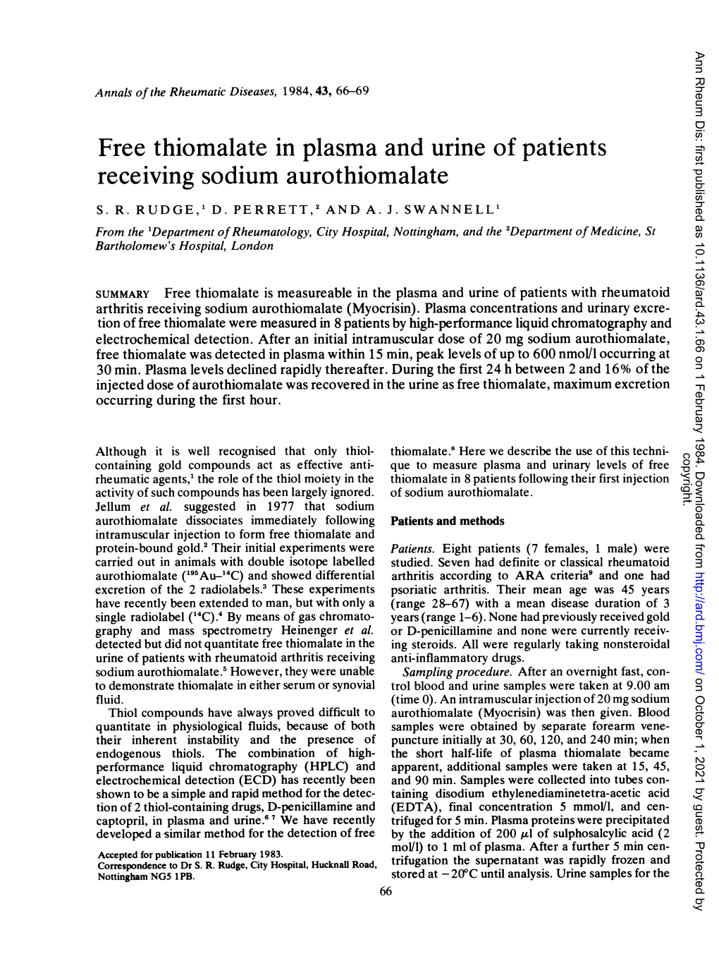 Free Thiomalate in Plasma and Urine of Patients Receiving Sodium Aurothiomalate S