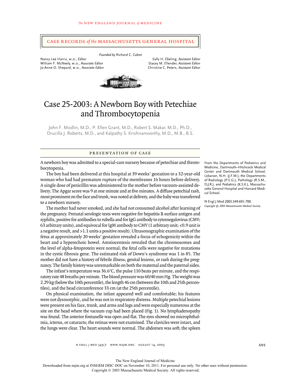 Case 25-2003: a Newborn Boy with Petechiae and Thrombocytopenia