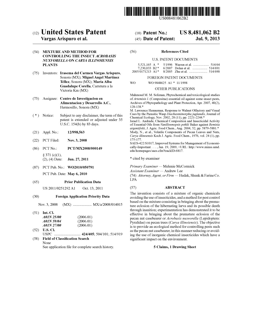 (12) United States Patent (10) Patent No.: US 8,481,062 B2 Vargas Arispuro Et Al