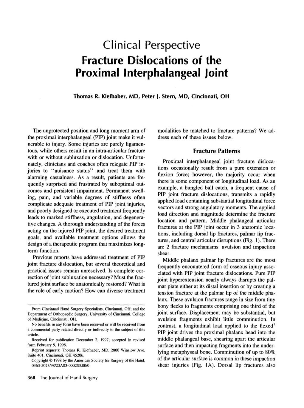 Clinical Perspective Fracture Dislocations of the Proximal Interphalangeal Ioint