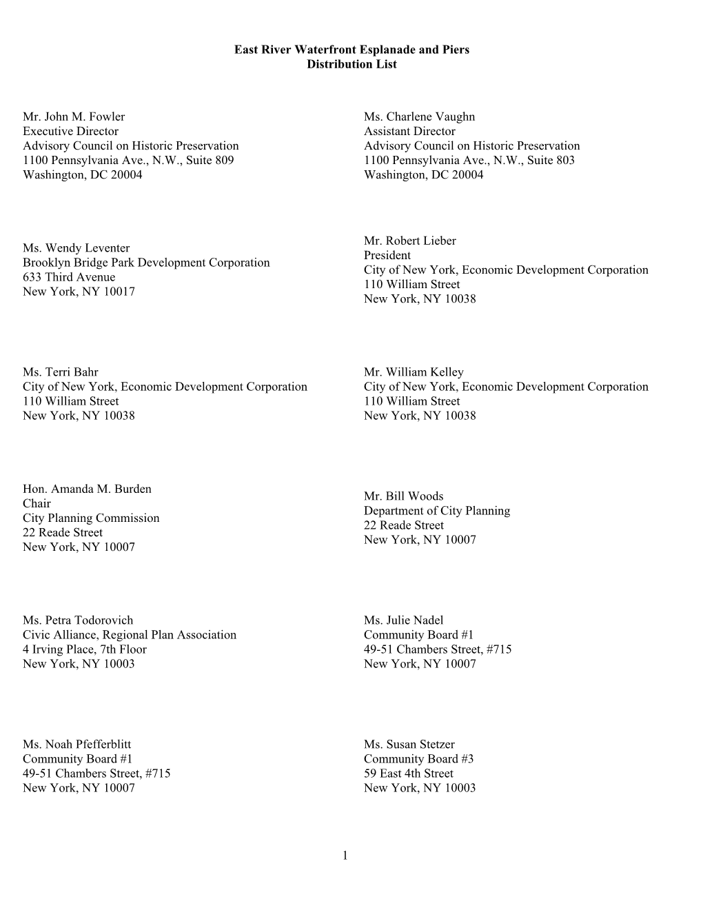 East River Waterfront Esplanade and Piers Distribution List 1 Mr. John M. Fowler Executive Director Advisory Council on Historic