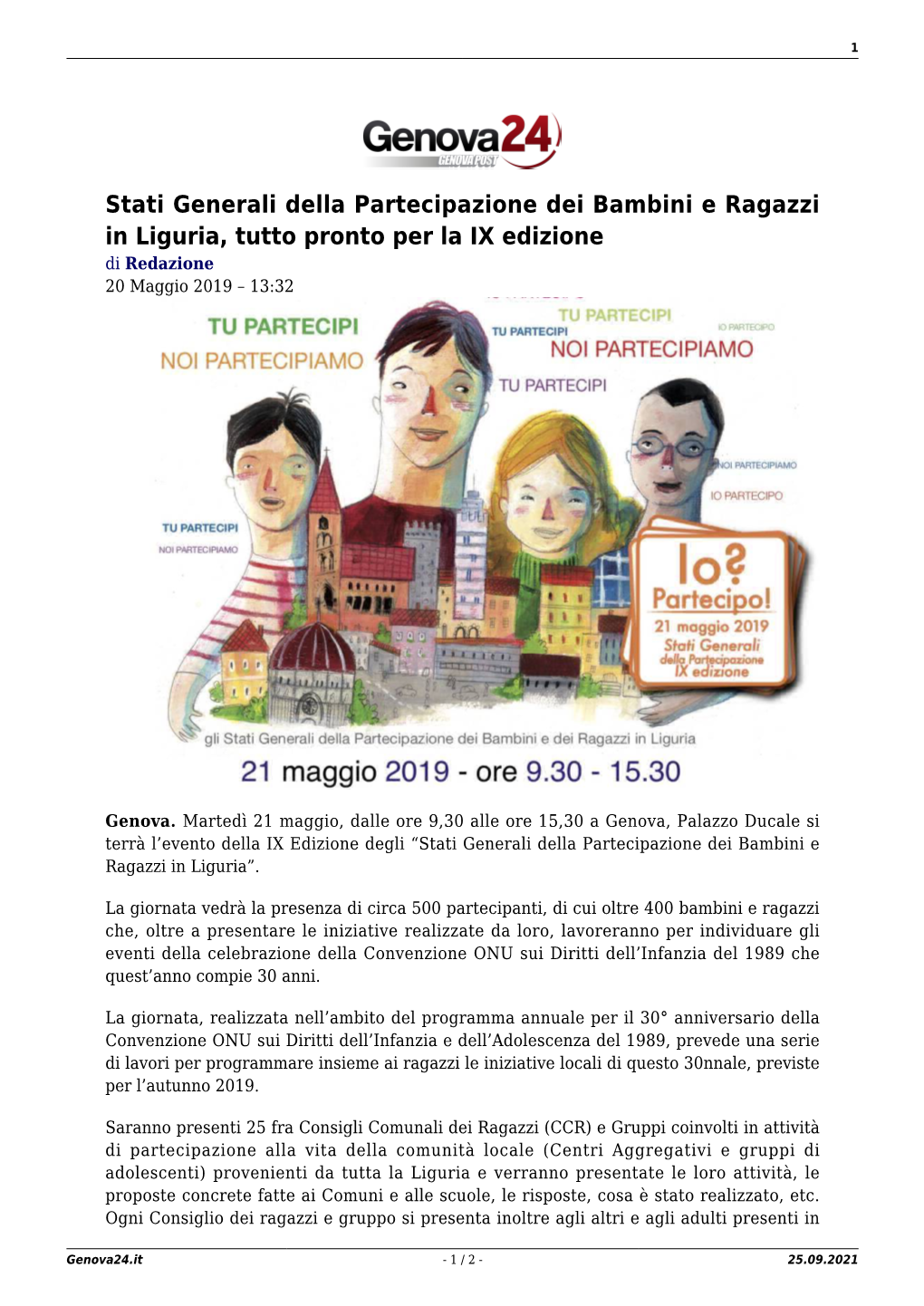 Stati Generali Della Partecipazione Dei Bambini E Ragazzi in Liguria, Tutto Pronto Per La IX Edizione Di Redazione 20 Maggio 2019 – 13:32
