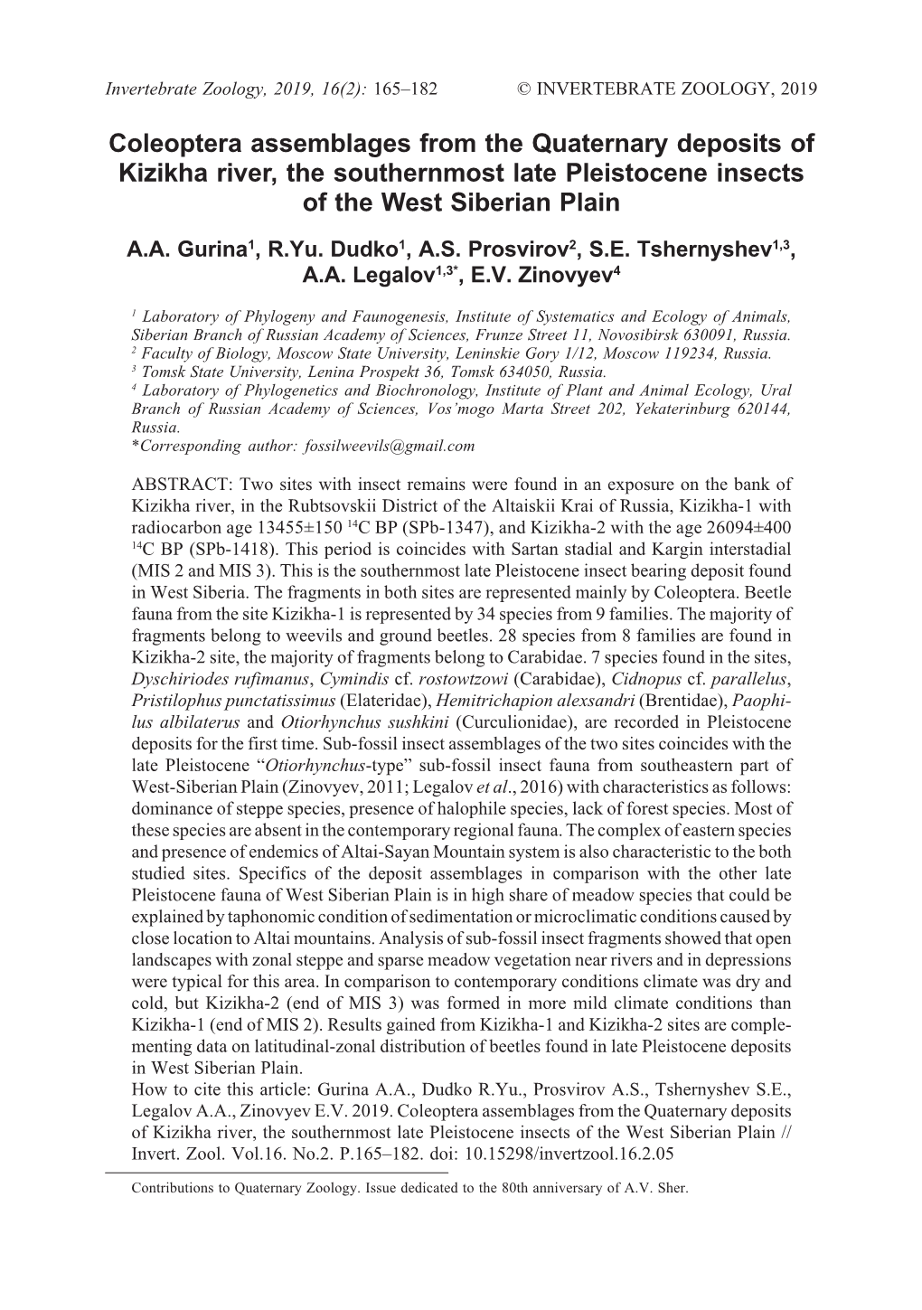 Coleoptera Assemblages from the Quaternary Deposits of Kizikha River, the Southernmost Late Pleistocene Insects of the West Siberian Plain