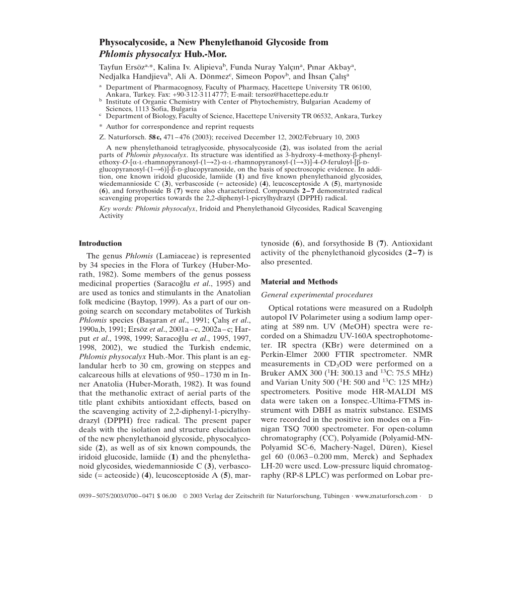 Physocalycoside, a New Phenylethanoid Glycoside from Phlomis Physocalyx Hub.-Mor