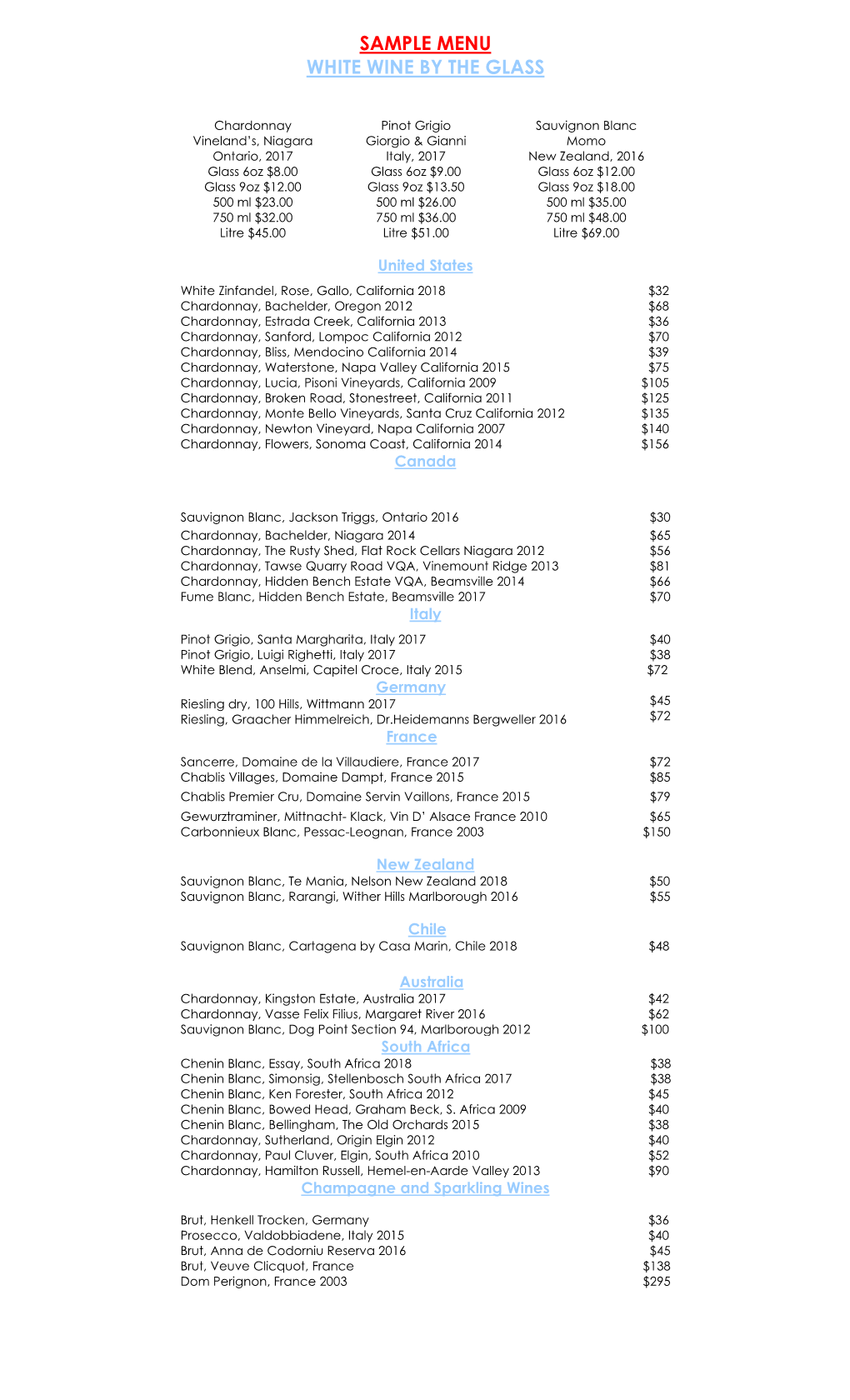 Sample Menu White Wine by the Glass