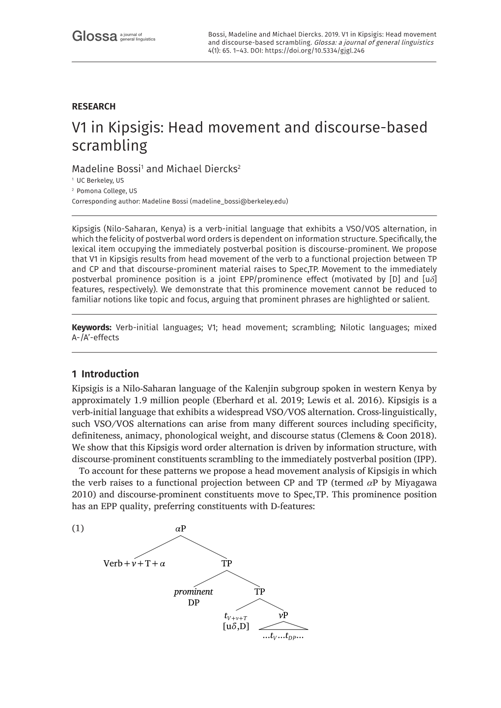 V1 in Kipsigis: Head Movement and Discourse-Based Scrambling