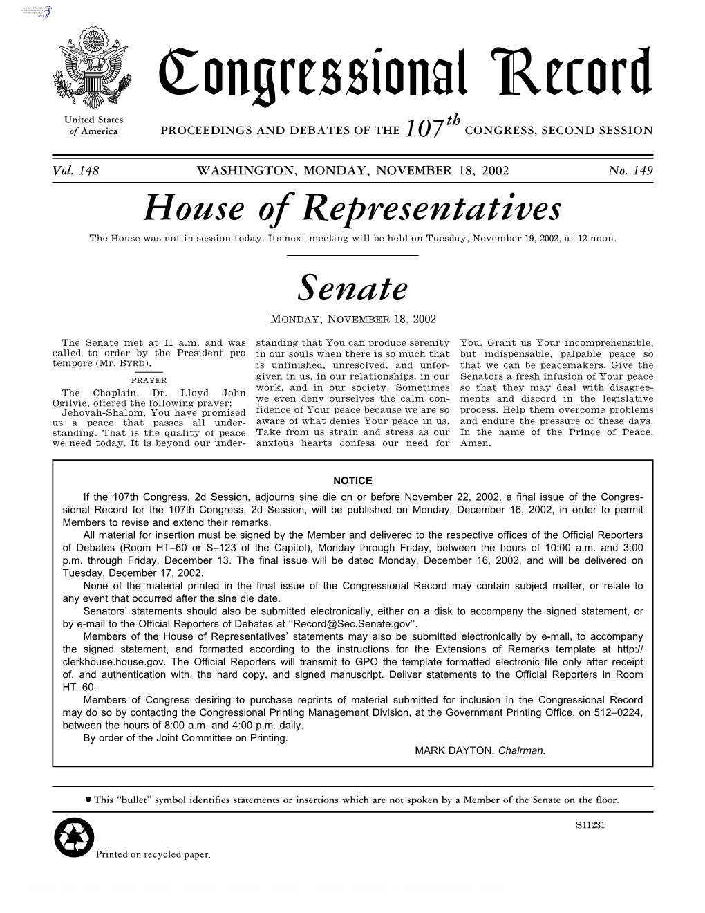 Congressional Record United States Th of America PROCEEDINGS and DEBATES of the 107 CONGRESS, SECOND SESSION