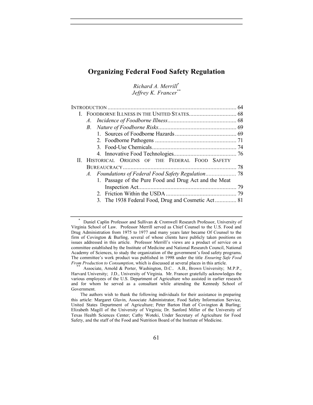 Organizing Federal Food Safety Regulation