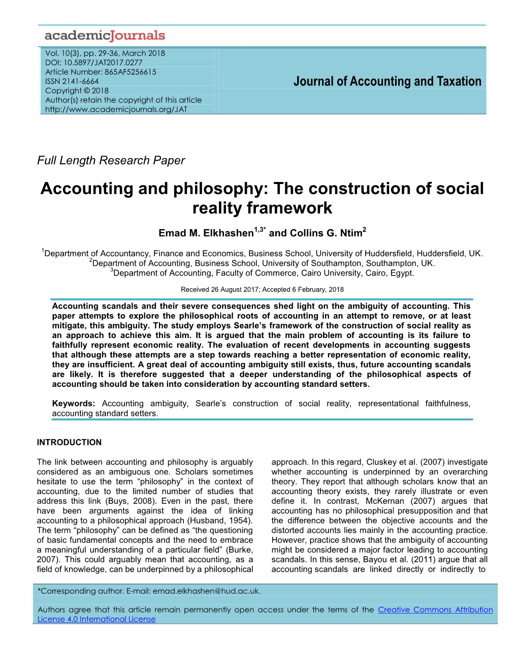 Accounting and Philosophy: the Construction of Social Reality Framework