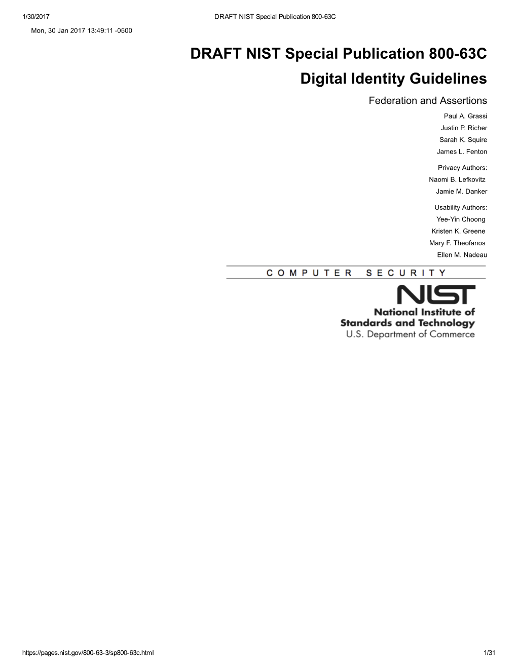 Draft NIST SP 800-63C, Digital Identity Guidelines