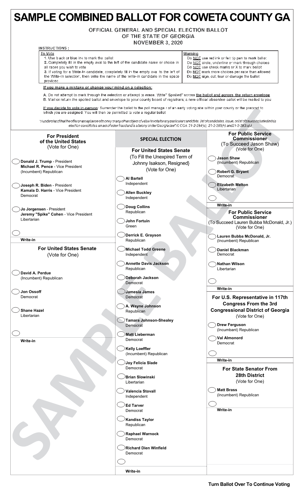 Sample Combined Ballot for Coweta County Ga